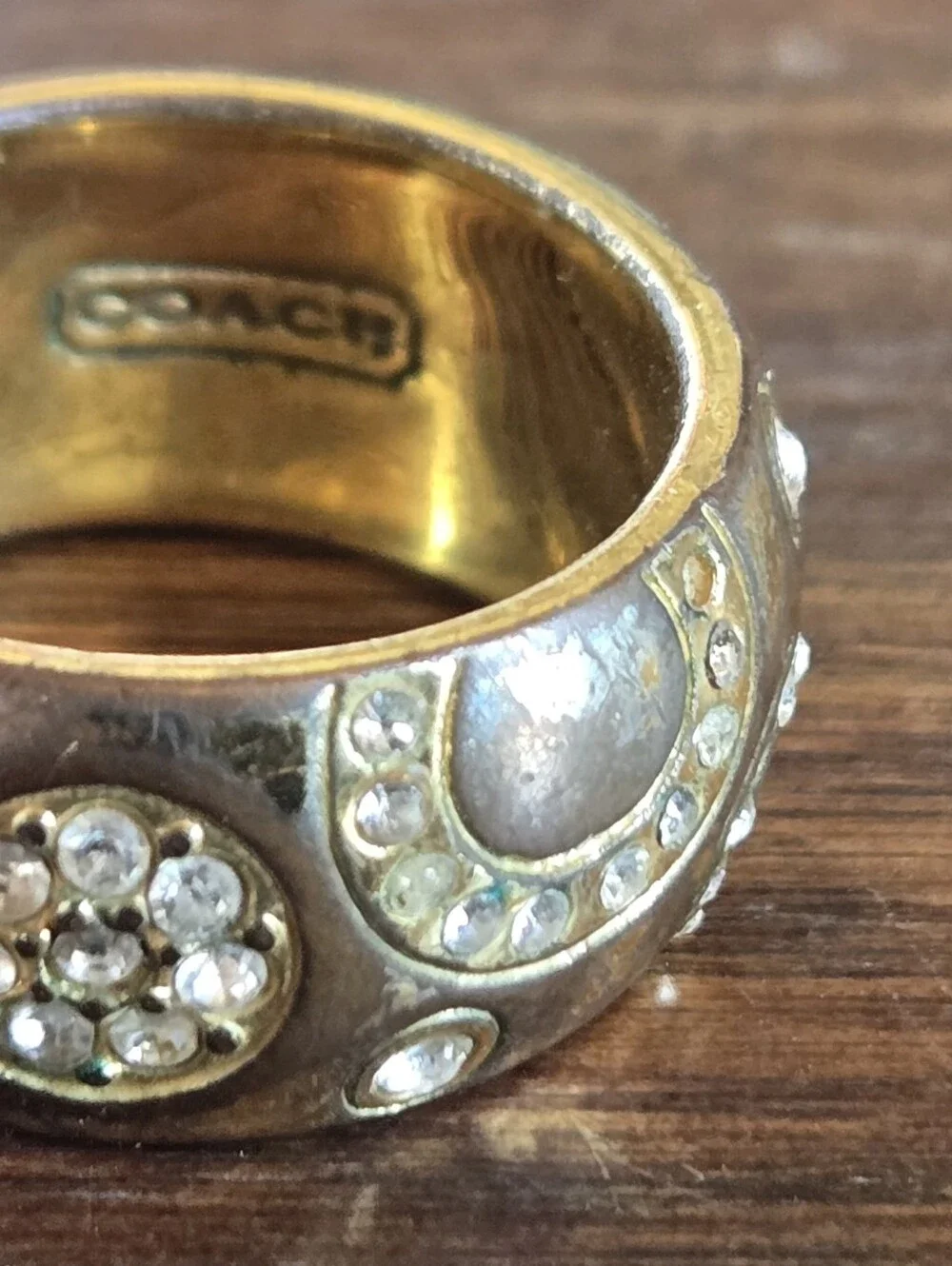 Coach Gold Tone Rhinestone Wide Band Ring Size 5.5 Signed As-Is